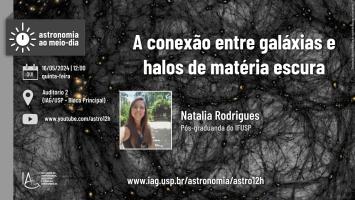 Seminário: A conexão entre galáxias e halos de matéria escura, apresentado por Natália Rodrigues (Pós-graduanda no IFUSP) no dia 16/05 no Auditório 2 do IAG ao 12h00. Haverá transmissão ao vivo da palestra no link: www.youtube.com/astro12h