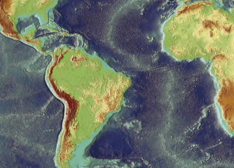 Superfície da Terra mostrando relevo oceânico e elevações de terra (adaptado de NGDC/NOAA)