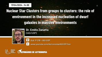 Nuclear Star Clusters from groups to clusters: the role of environment in the increased nucleation of dwarf galaxies in massive environments seminário por Emilio Zanatta